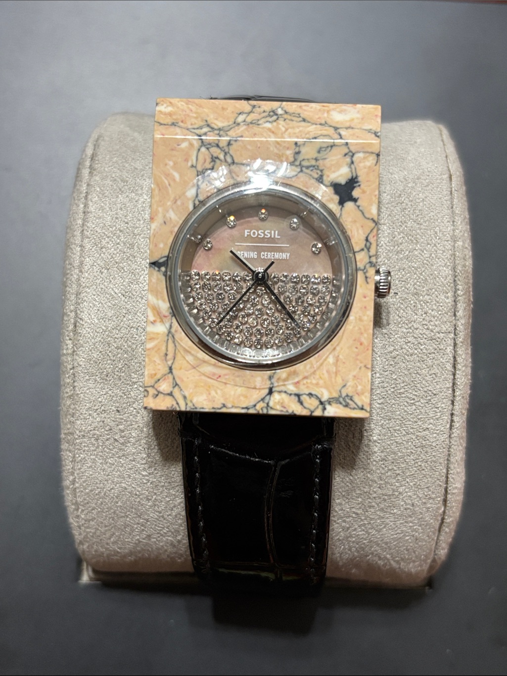 Fossil Marble Square Crystal Dial Watch - Black Strap